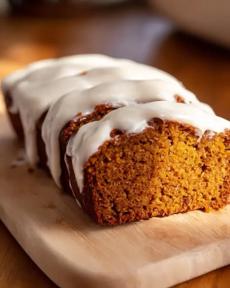Pumpkin bread slice topped with cream cheese frosting and sprinkled cinnamon