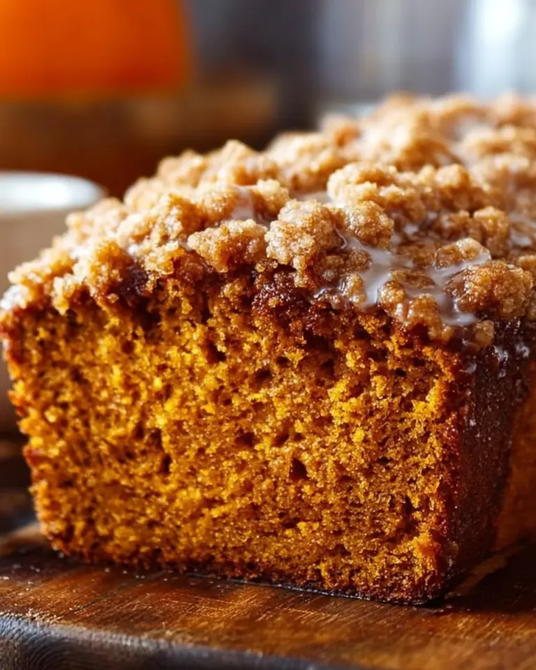 Loaf of Pumpkin Streusel Bread with a crumbly topping
