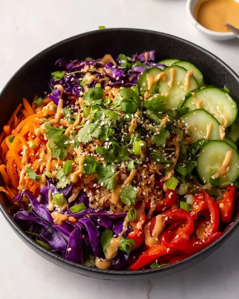 Quick Crispy Rice Salad topped with peanut sesame dressing and fresh veggies.