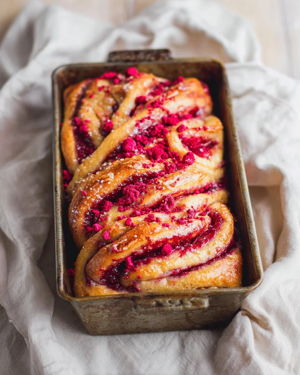 Freshly baked Raspberry Swirl Brioche with vibrant raspberry filling