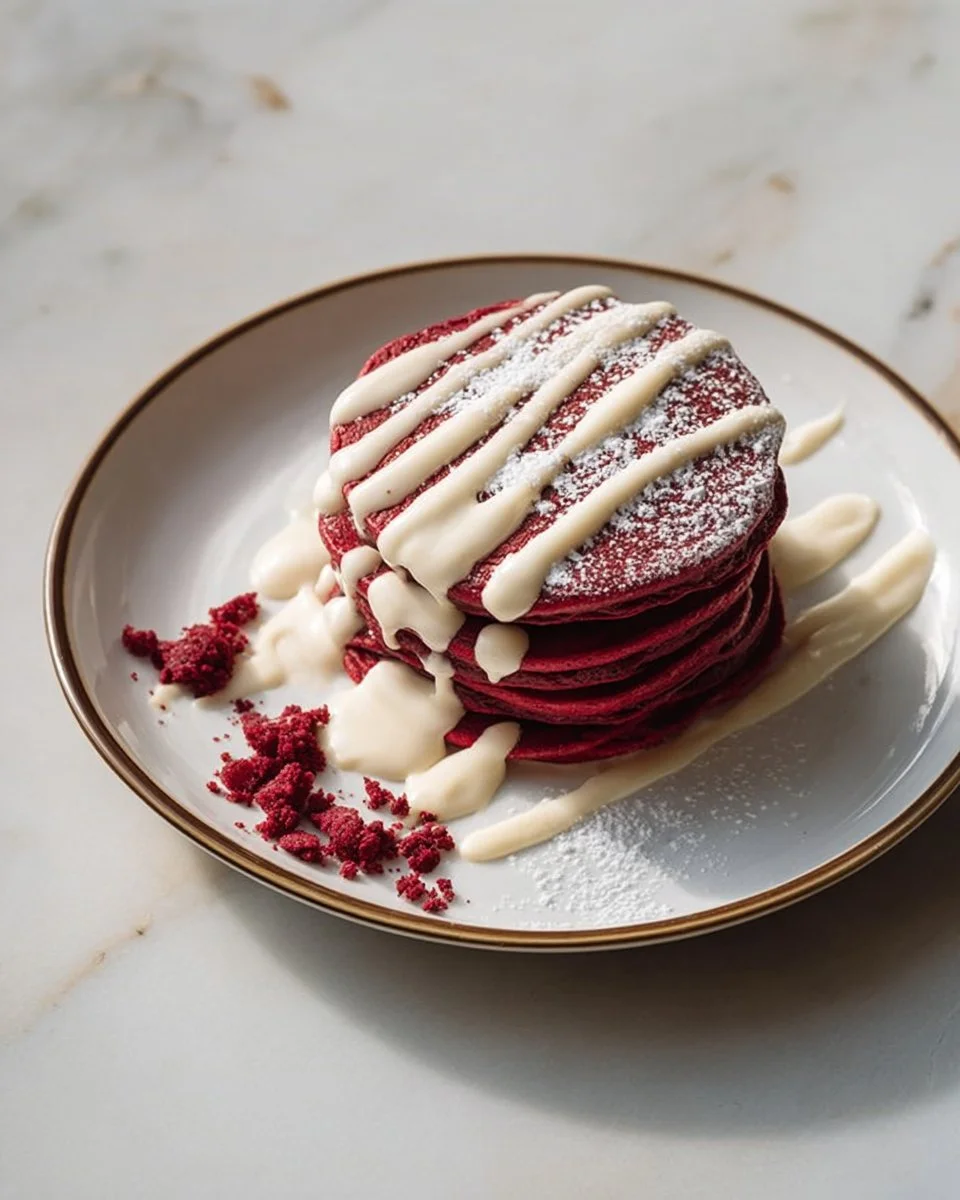 Delicious Red Velvet Pancakes topped with cream cheese icing and fresh berries