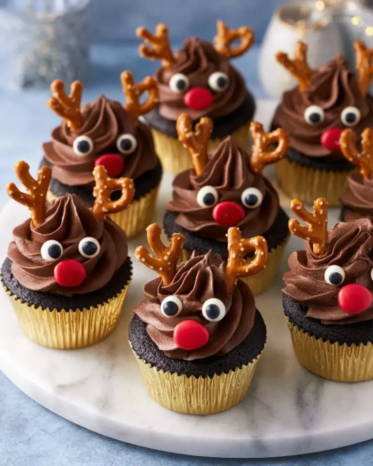 Deliciously decorated Reindeer Cupcakes perfect for holiday parties
