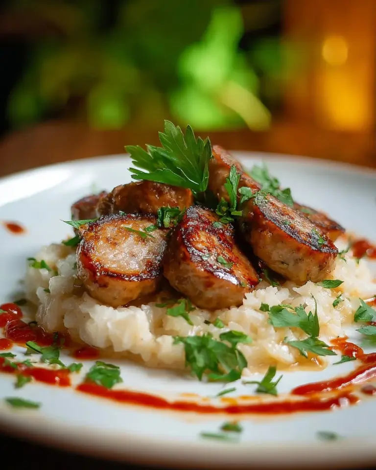 A plate of rice and Italian sausage with herbs and spices, ready to serve.