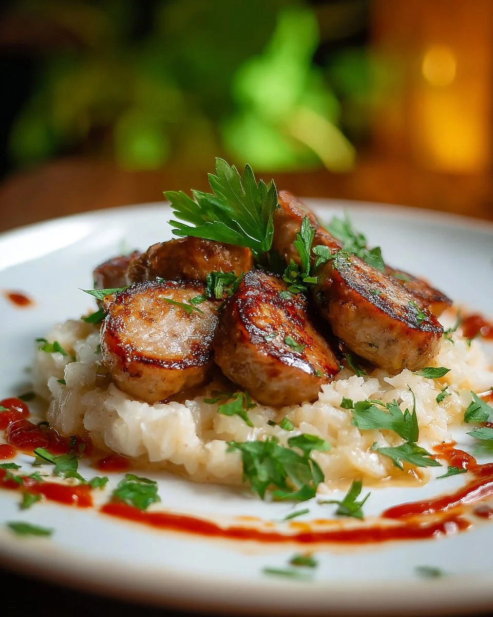 A plate of rice and Italian sausage with herbs and spices, ready to serve.