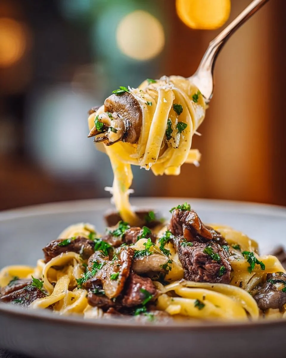 Air Fryer Beef Stroganoff served in a bowl with creamy sauce and garnished with parsley