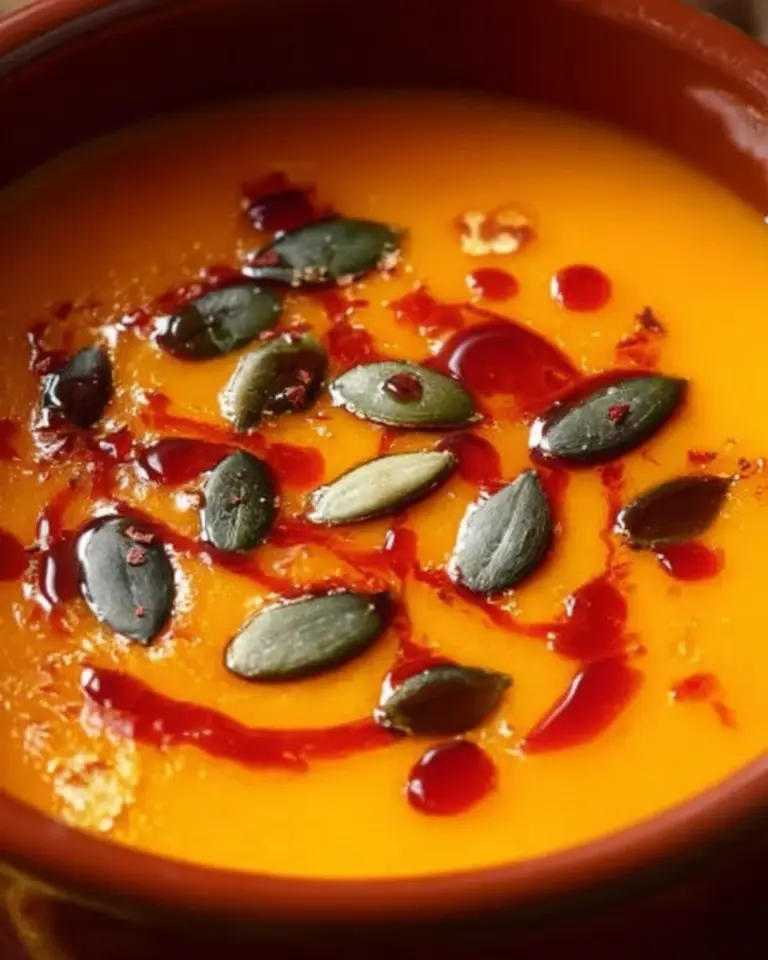 Bowl of roasted pumpkin and tomato soup topped with herbs