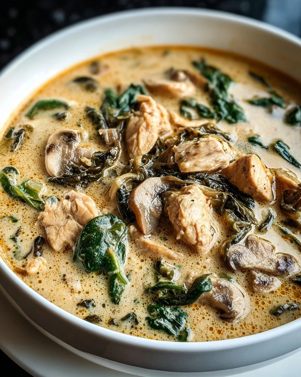 Delicious bowl of rotisserie chicken mushroom soup garnished with herbs.