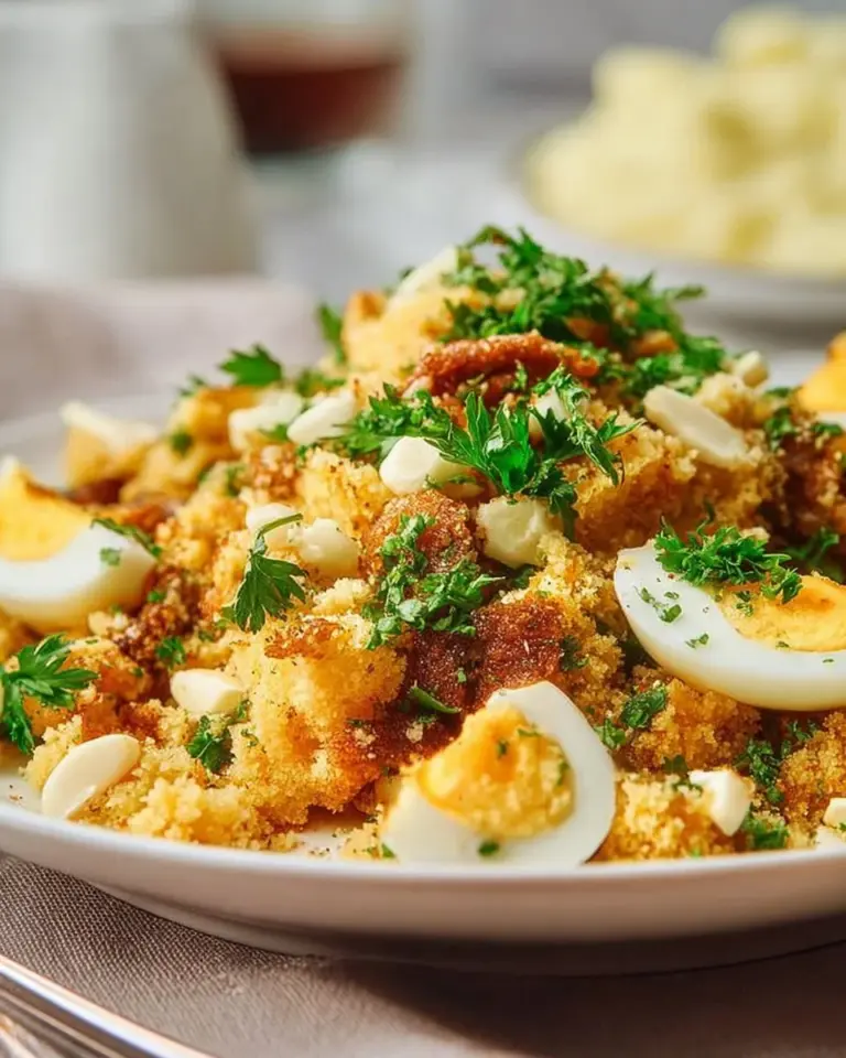 Sage Cornbread Stuffing with Hard Boiled Eggs, a festive side dish.