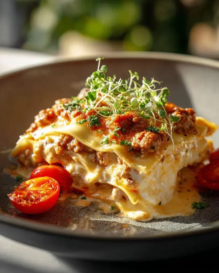 Delicious Sausage Alfredo Ravioli Lasagna with creamy sauce and savory sausage.