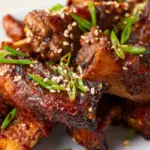 Delicious slow cooker teriyaki ribs served with sesame seeds and green onions.