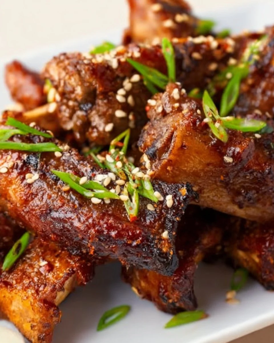 Delicious slow cooker teriyaki ribs served with sesame seeds and green onions.