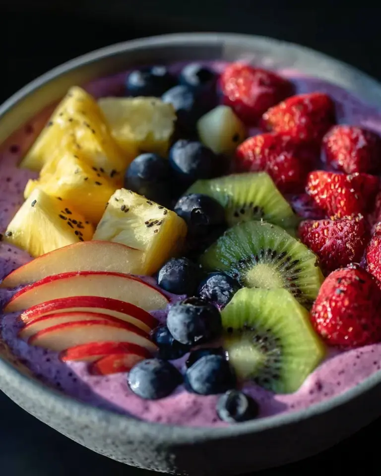 Colorful and healthy smoothie bowl topped with fruits and nuts