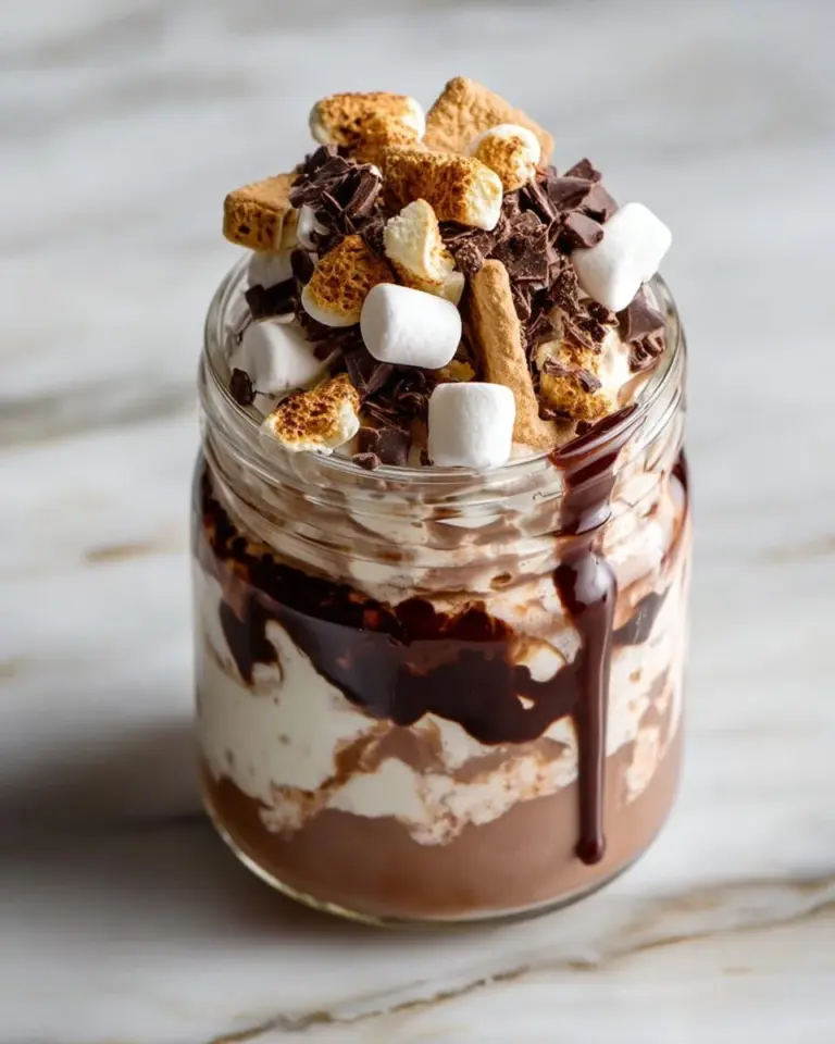 S'mores Overnight Oats topped with chocolate, marshmallows, and graham cracker crumbs.