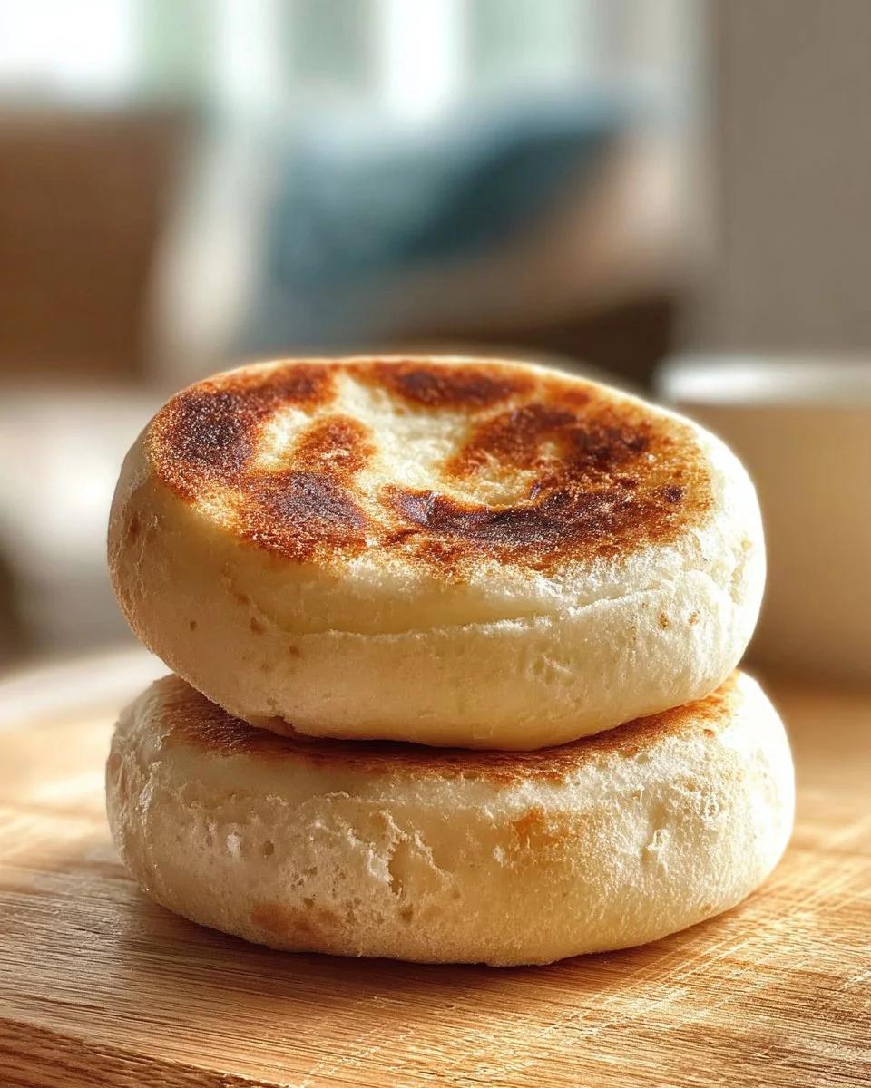 Freshly baked sourdough English muffins on a wooden table