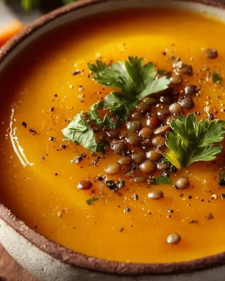 Bowl of spiced carrot and lentil soup garnished with herbs