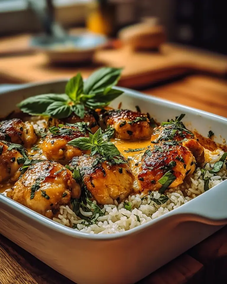 Spiced coconut basil chicken served with rice on a plate