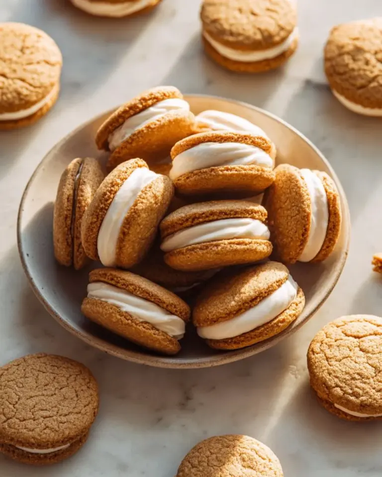 Delicious spiced eggnog oatmeal cream pies on a festive plate.
