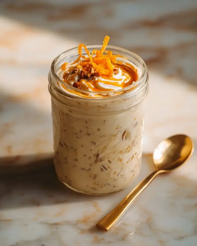 Bowl of spiced orange clove overnight oats topped with orange slices and spices.