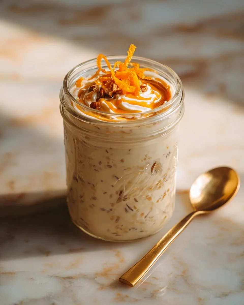 Bowl of spiced orange clove overnight oats topped with orange slices and spices.