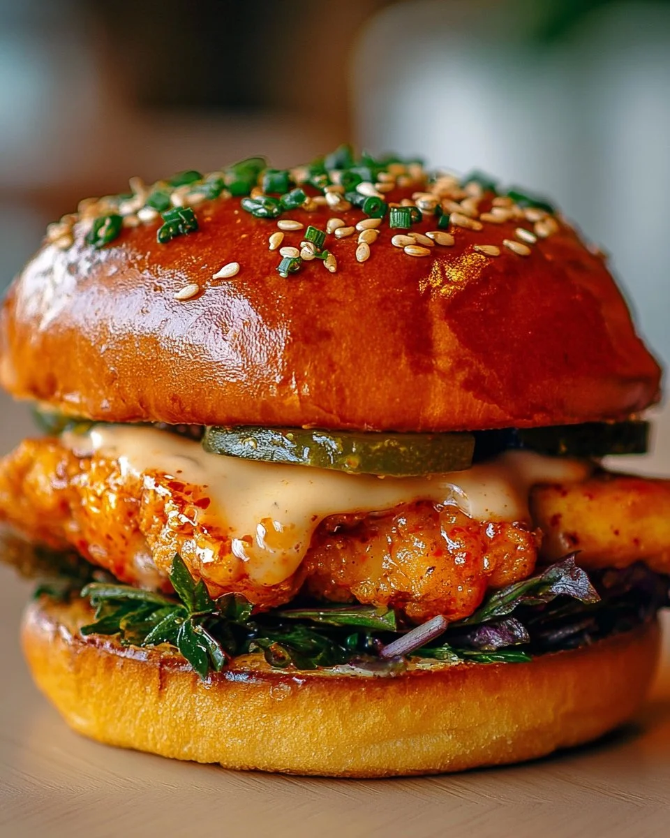 Delicious spicy chicken sandwich with fresh ingredients and crunchy toppings