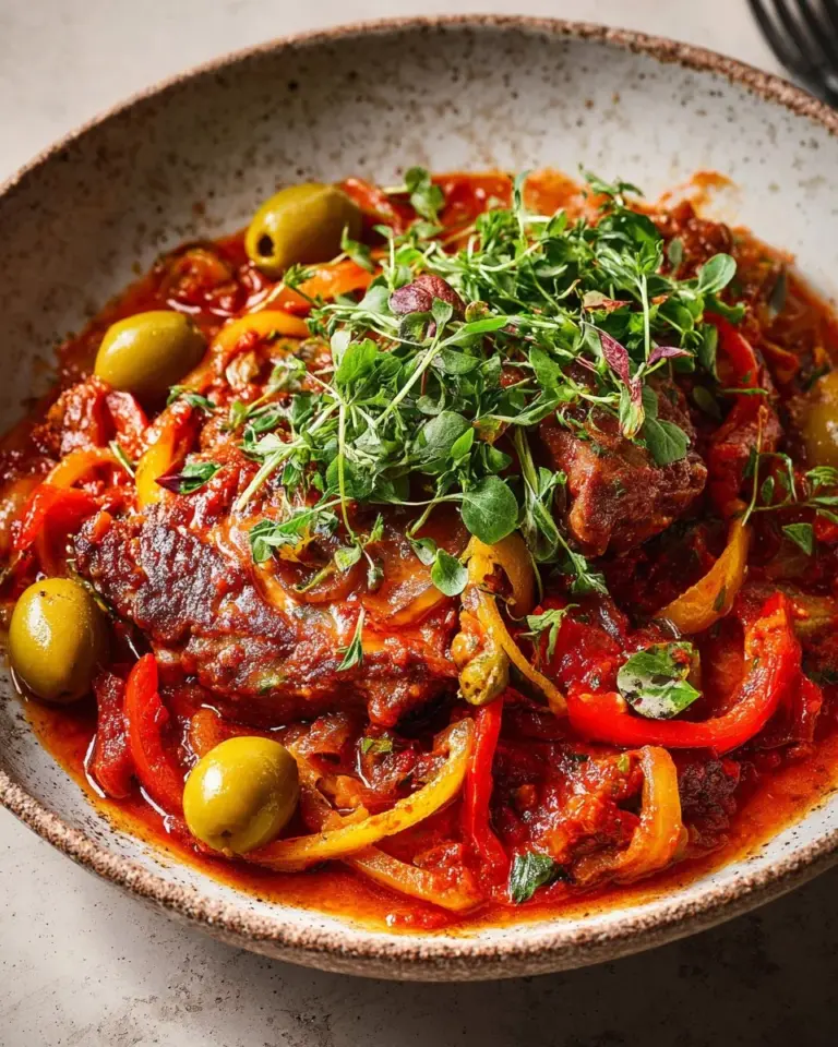 Delicious Steak Pizzaiola served with fresh herbs and tomato sauce