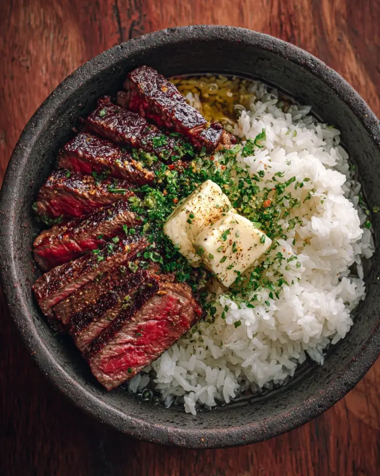 Delicious butter steak with rice dish on a plate
