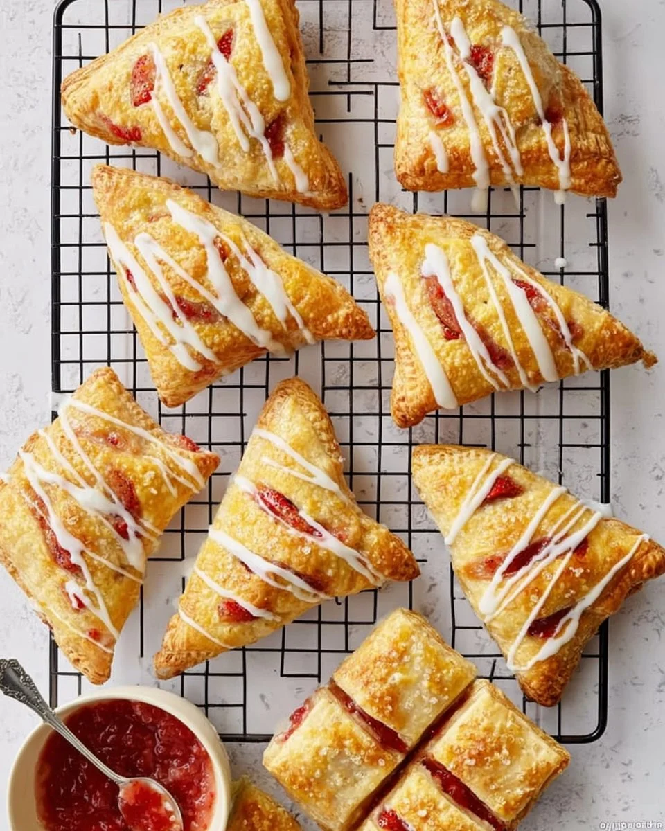 Freshly baked strawberry rhubarb turnovers on a cooling rack