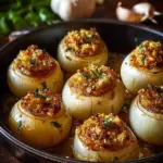 Delicious stuffed onions filled with savory ingredients on a plate