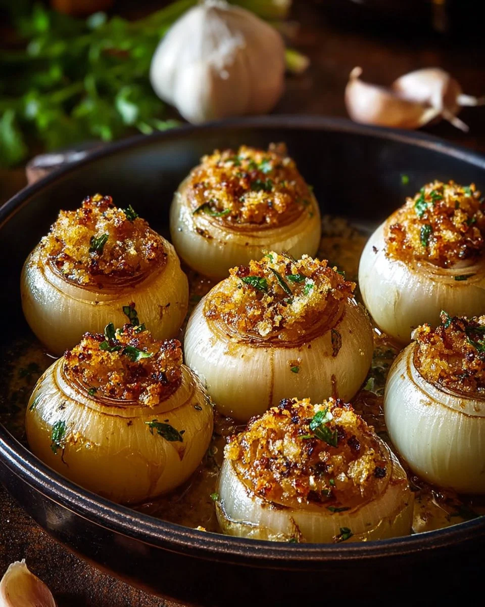 Delicious stuffed onions filled with savory ingredients on a plate