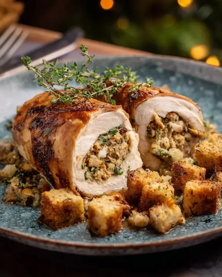 Stuffed roast turkey breast with sausage stuffing served on a platter
