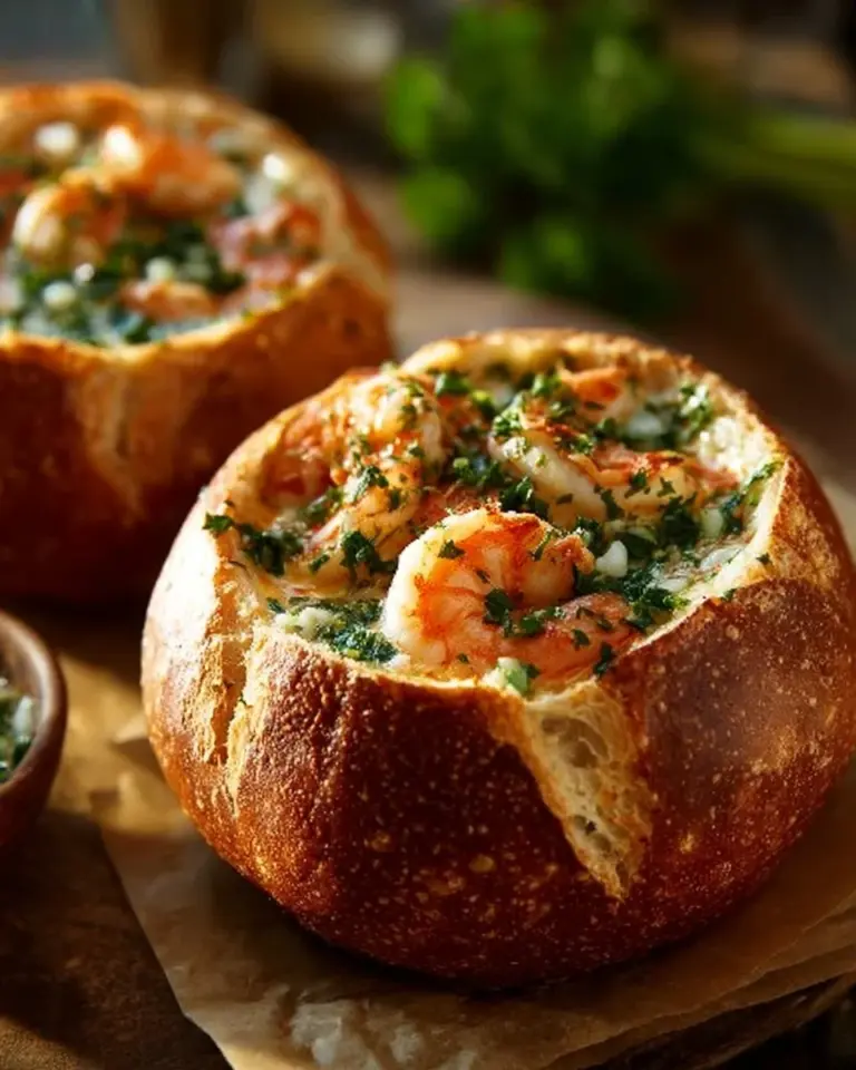 Stuffed seafood bread bowl filled with shrimp and crab meat, garnished with herbs