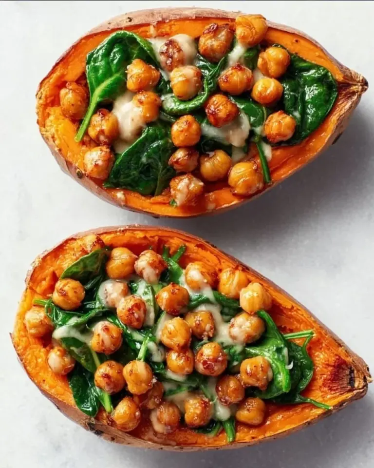 Stuffed sweet potatoes topped with spinach, crispy chickpeas, and tahini sauce.