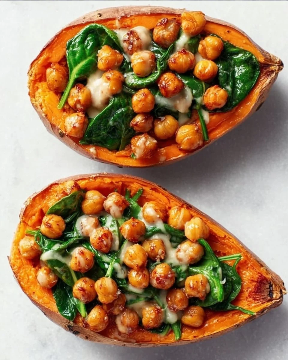 Stuffed sweet potatoes topped with spinach, crispy chickpeas, and tahini sauce.