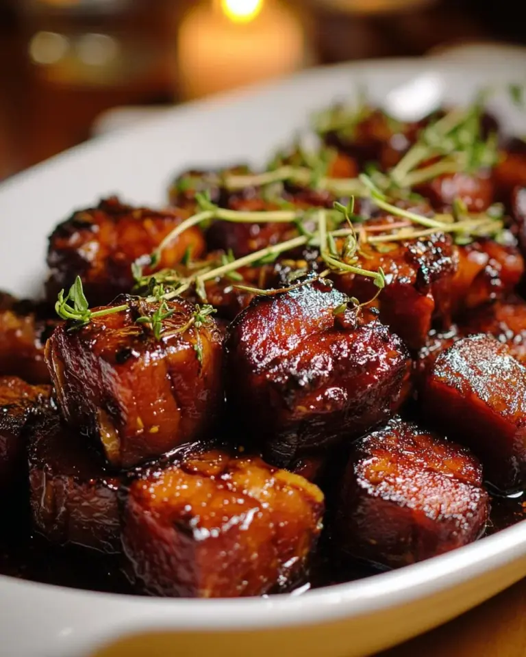 Sweet and Spicy Baked Hot Dog Burnt Ends on a plate garnished with herbs