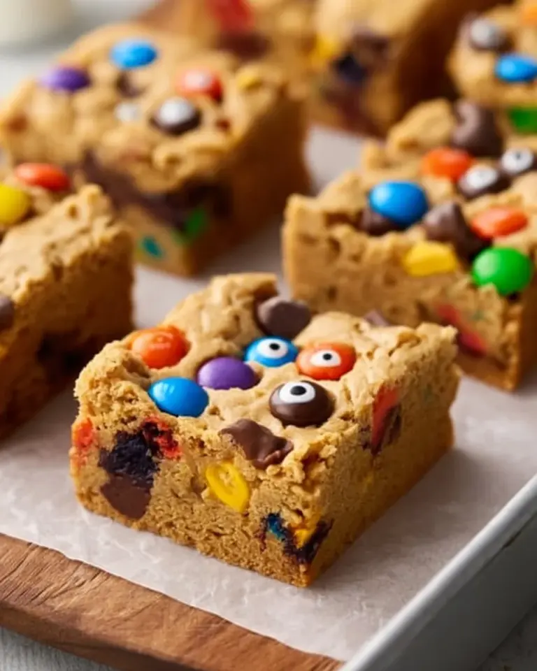 Delicious Sweet Halloween Monster Cookie Bars decorated with colorful candy