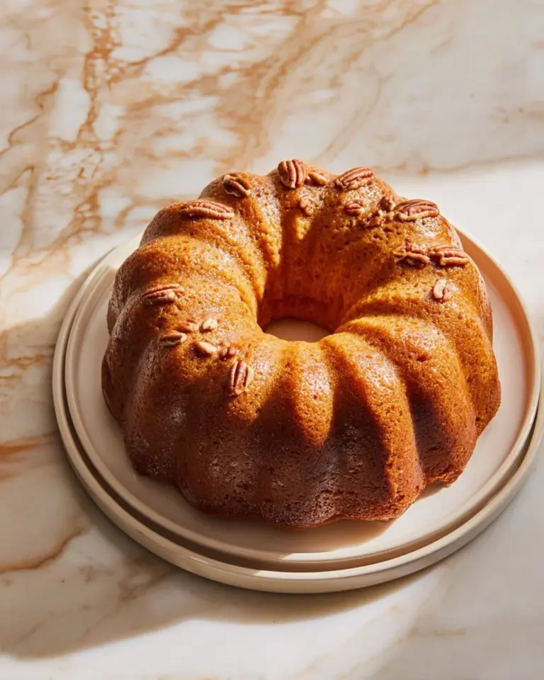 Sweet Potato Pecan Bundt Cake topped with pecans and icing