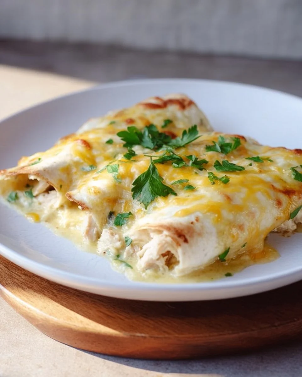 Delicious Swiss Chicken Enchilada served on a plate with toppings.