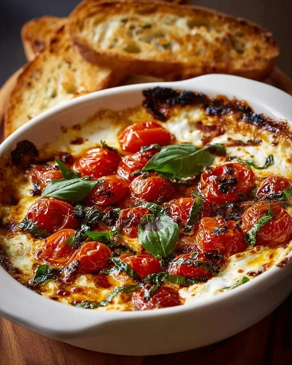 Three-Cheese Tomato Bruschetta Dip served with crispy bread