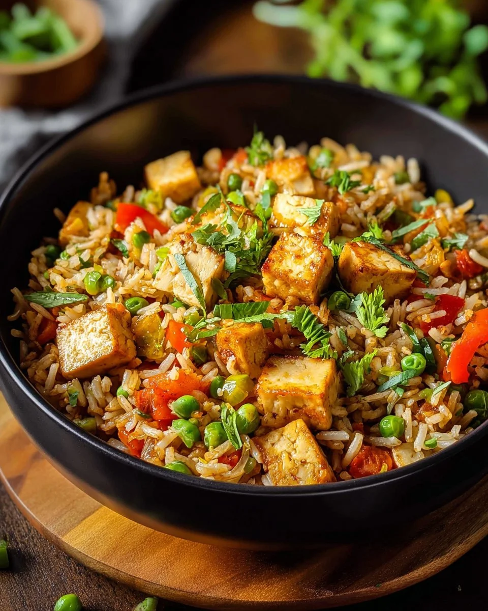 A colorful bowl of Tofu Fried Rice with vegetables and herbs.