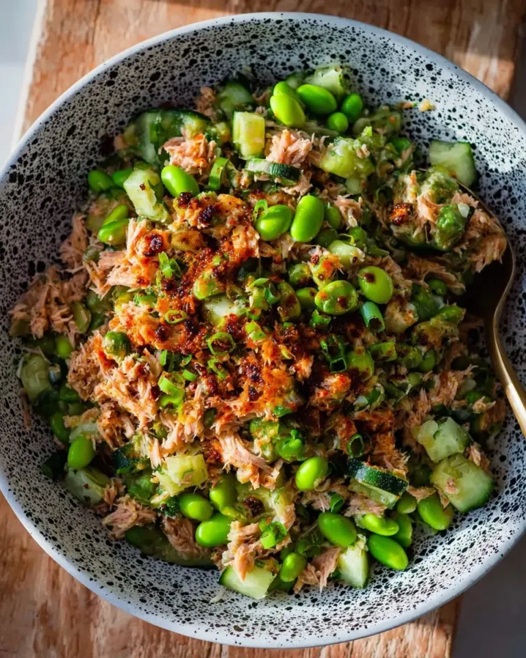 A vibrant Tuna Avocado Salad served with crispy rice and fresh vegetables