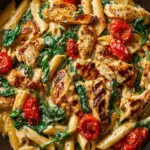 Delicious plate of Tuscan Chicken Pasta with creamy sauce and herbs
