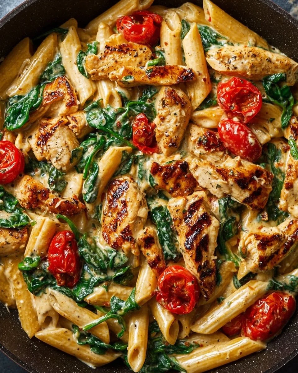 Delicious plate of Tuscan Chicken Pasta with creamy sauce and herbs