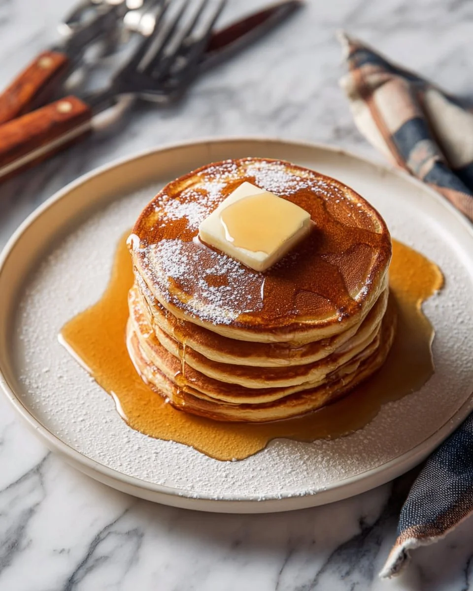 Whole wheat gingerbread pancakes stacked with syrup and spices