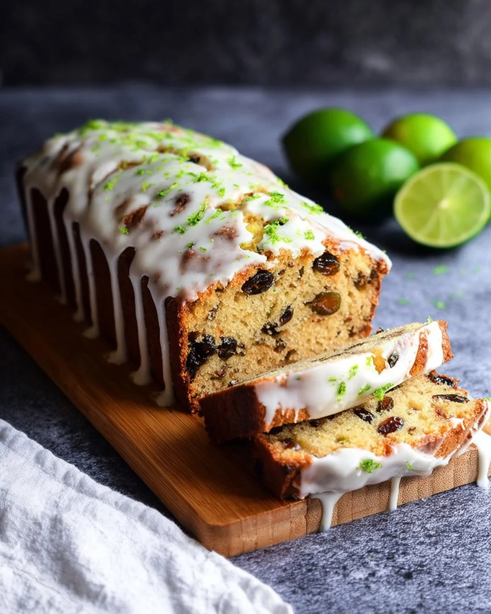 Zucchini cake topped with lime and coconut garnishes