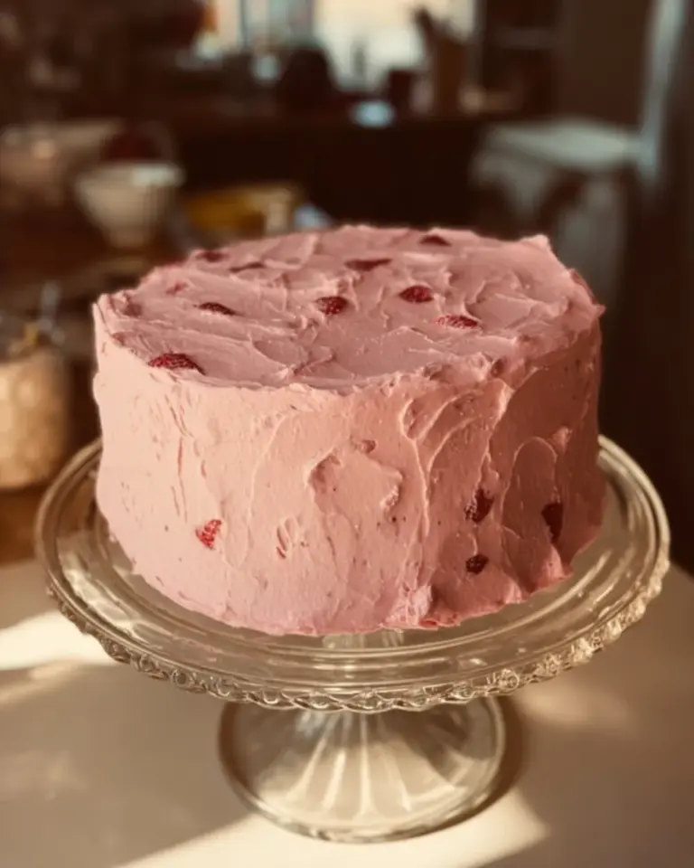 Angel Food Cake topped with Strawberry Cream Frosting, a delicious dessert option.