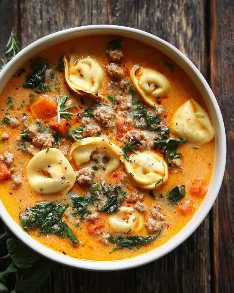 Bowl of Sausage Tortellini Soup with Spinach, perfect for autumn warmth.