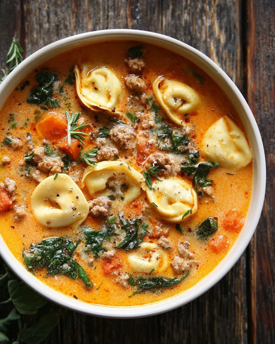 Bowl of Sausage Tortellini Soup with Spinach, perfect for autumn warmth.