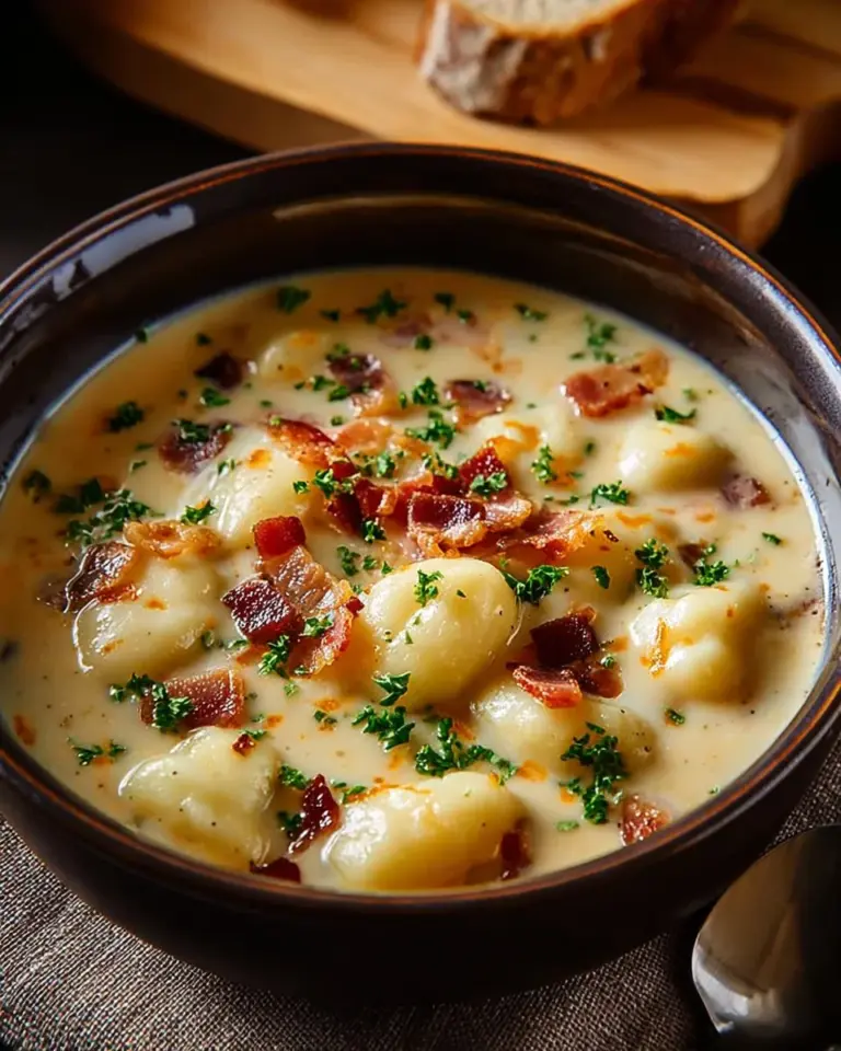Delicious Bacon Cheddar Gnocchi Soup in a bowl garnished with herbs
