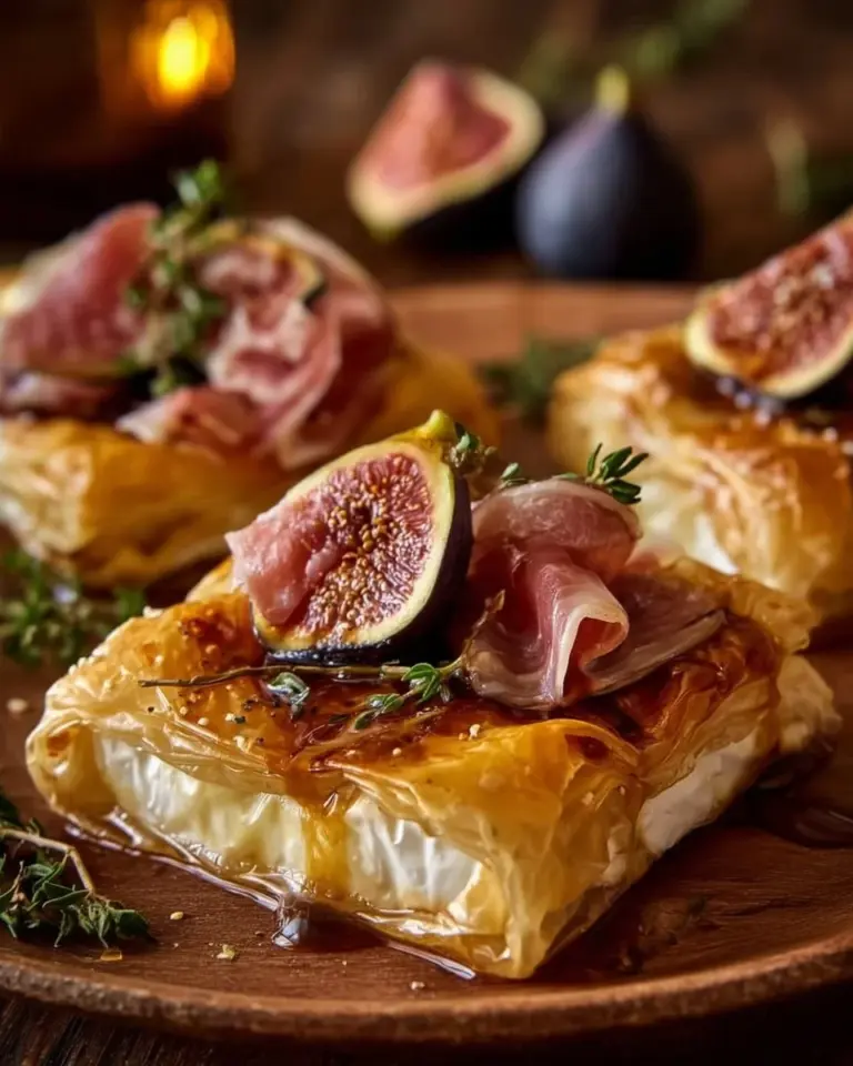 Baked Brie in Puff Pastry topped with Honey, Fig, and Prosciutto