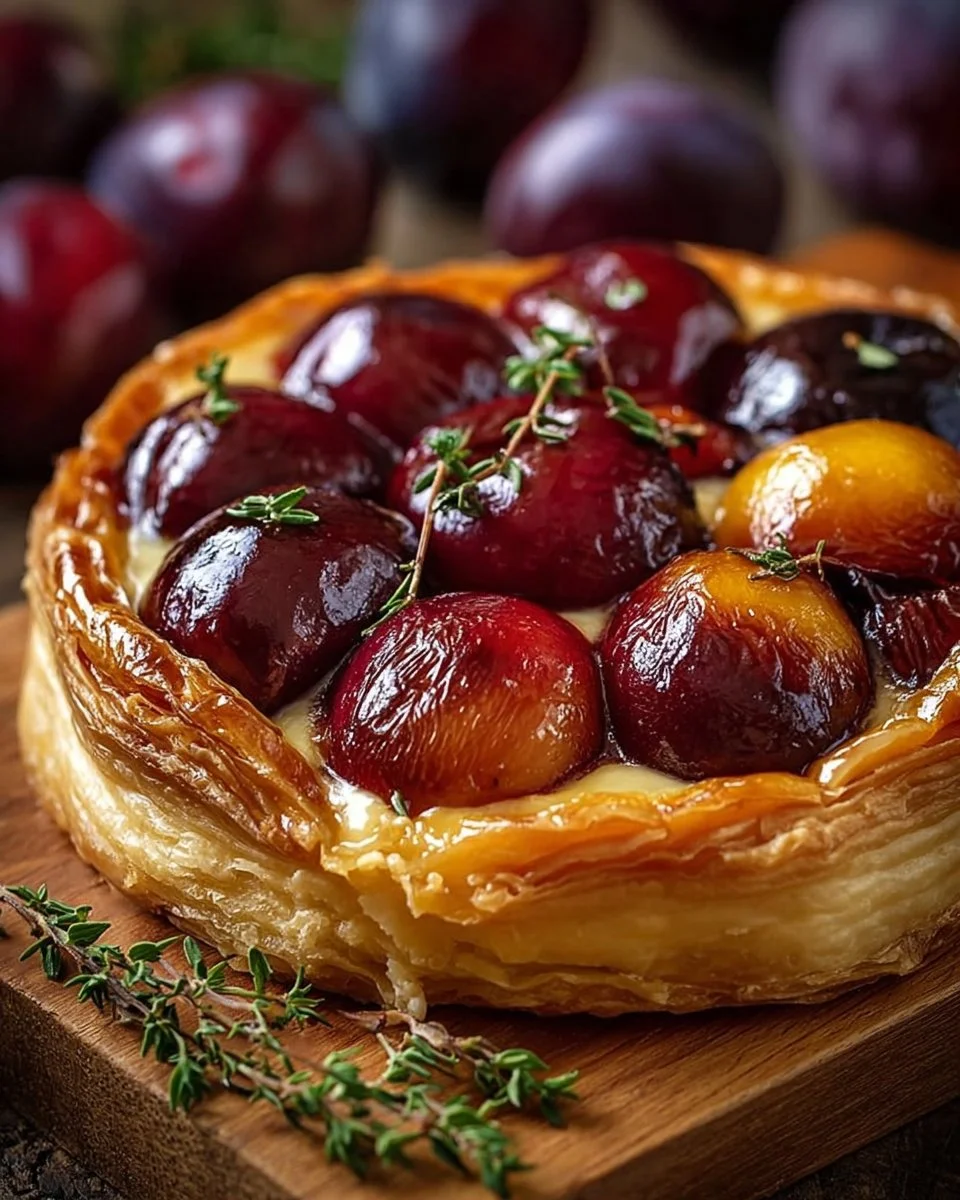 Baked Brie topped with roasted plums served on a wooden cutting board.